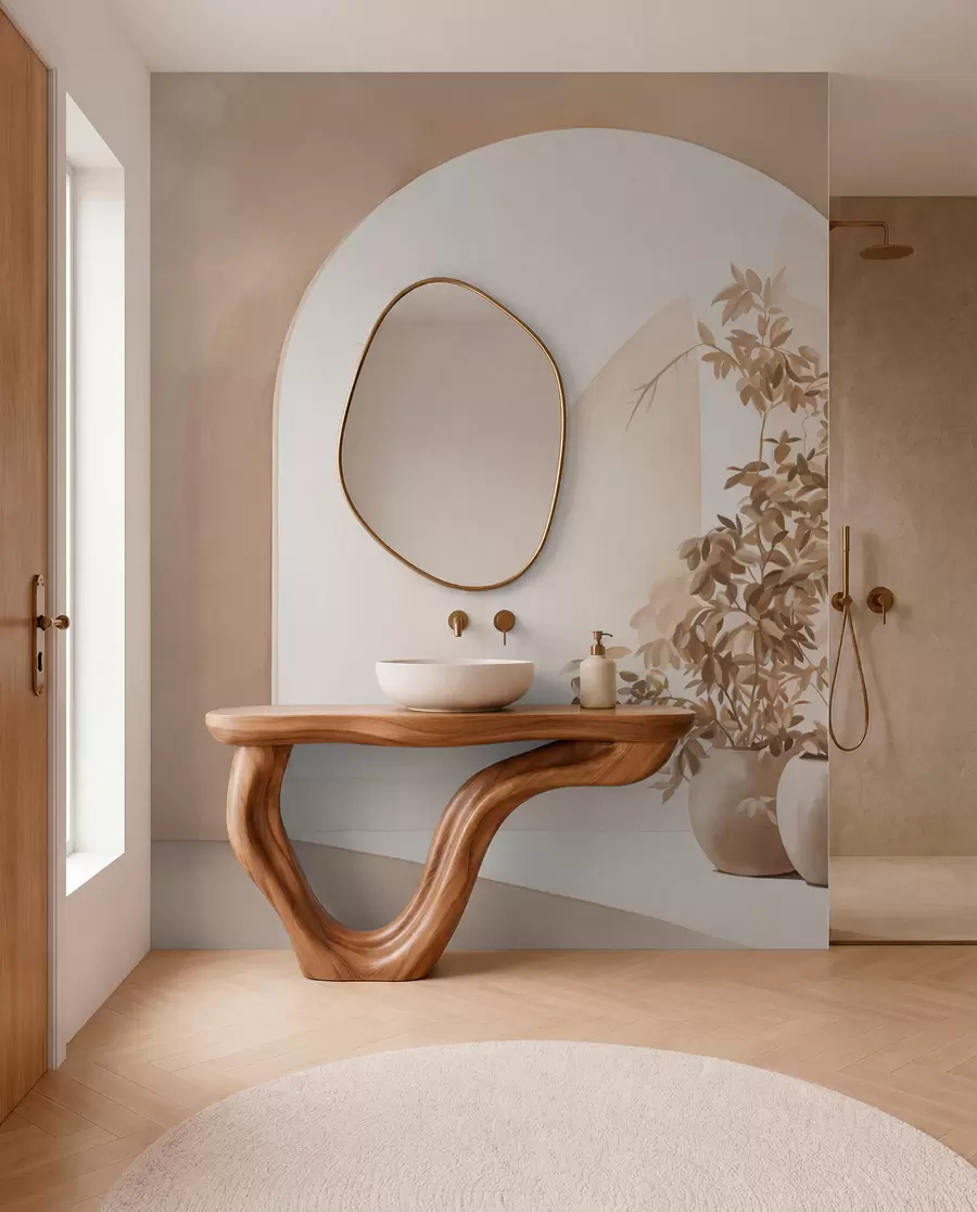 wall murals Plants in pots with beige tones in front of abstract arches, minimalist style, elegant and clean, neutral background w09013