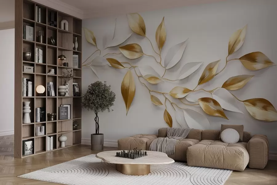 wall murals Yellow and white leaves on a branch , elegant design, white background, minimalist style, decorative art , nature-inspired w09015