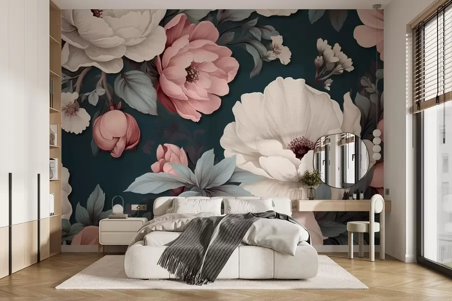 wall murals White and pink peonies on a dark blue background w09017