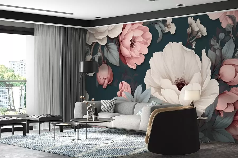 wall murals White and pink peonies on a dark blue background w09017