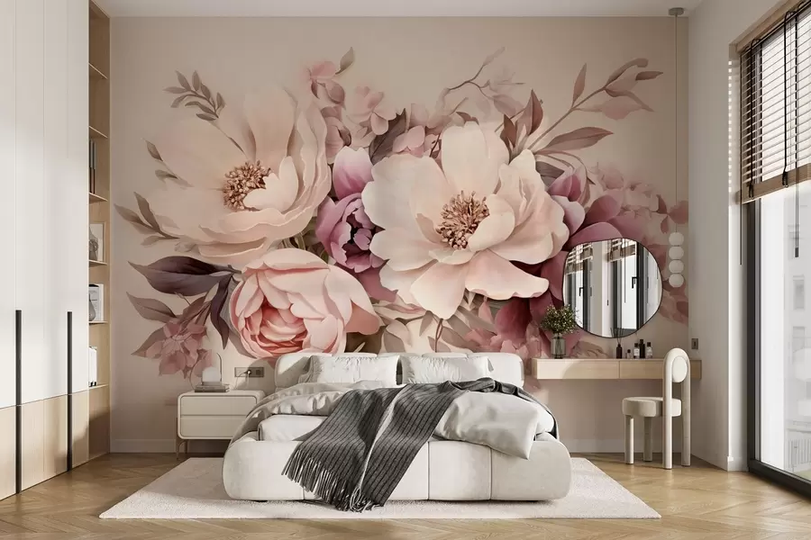 wall murals Delicate composition of pink and beige flowers, peonies with leaves w09019