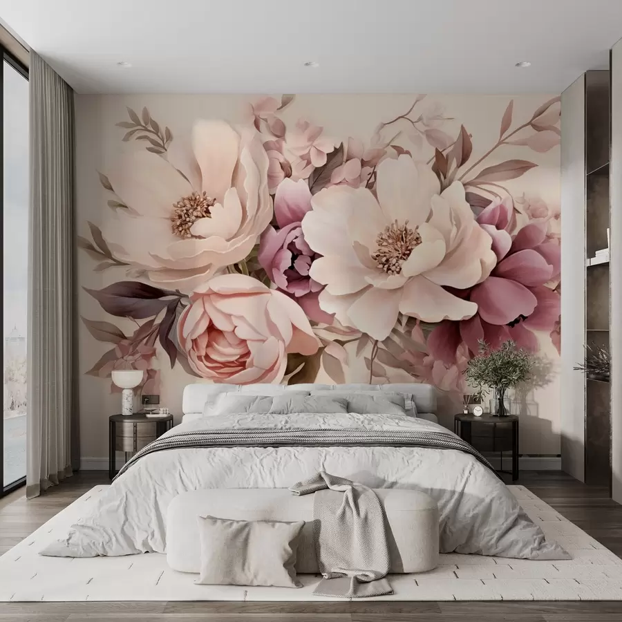 wall murals Delicate composition of pink and beige flowers, peonies with leaves w09019