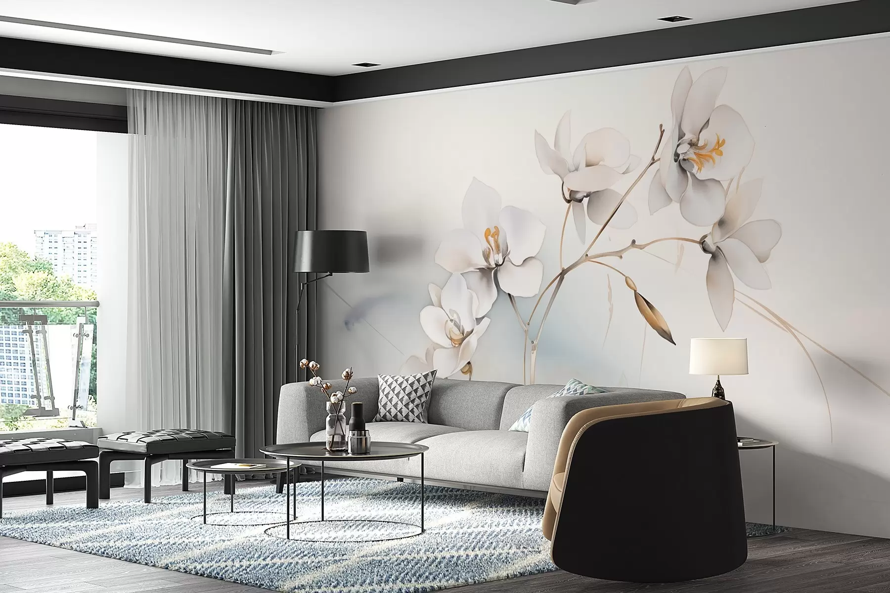 wall murals White orchid branch in watercolor style w09022