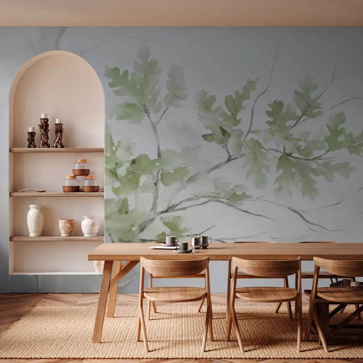 wall murals Oak branch with leaves green shades w03772v1