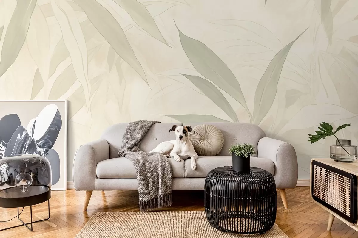 wall murals Branches with leaves in soft green tones on a beige background w09027