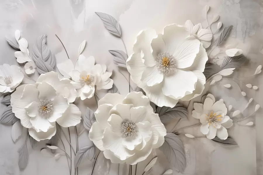 wall murals Elegant white flowers with thin petals and yellow stamens on a gray background w09029