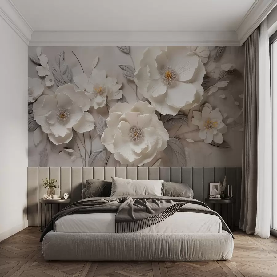 wall murals Elegant white flowers with thin petals and yellow stamens on a gray background w09029