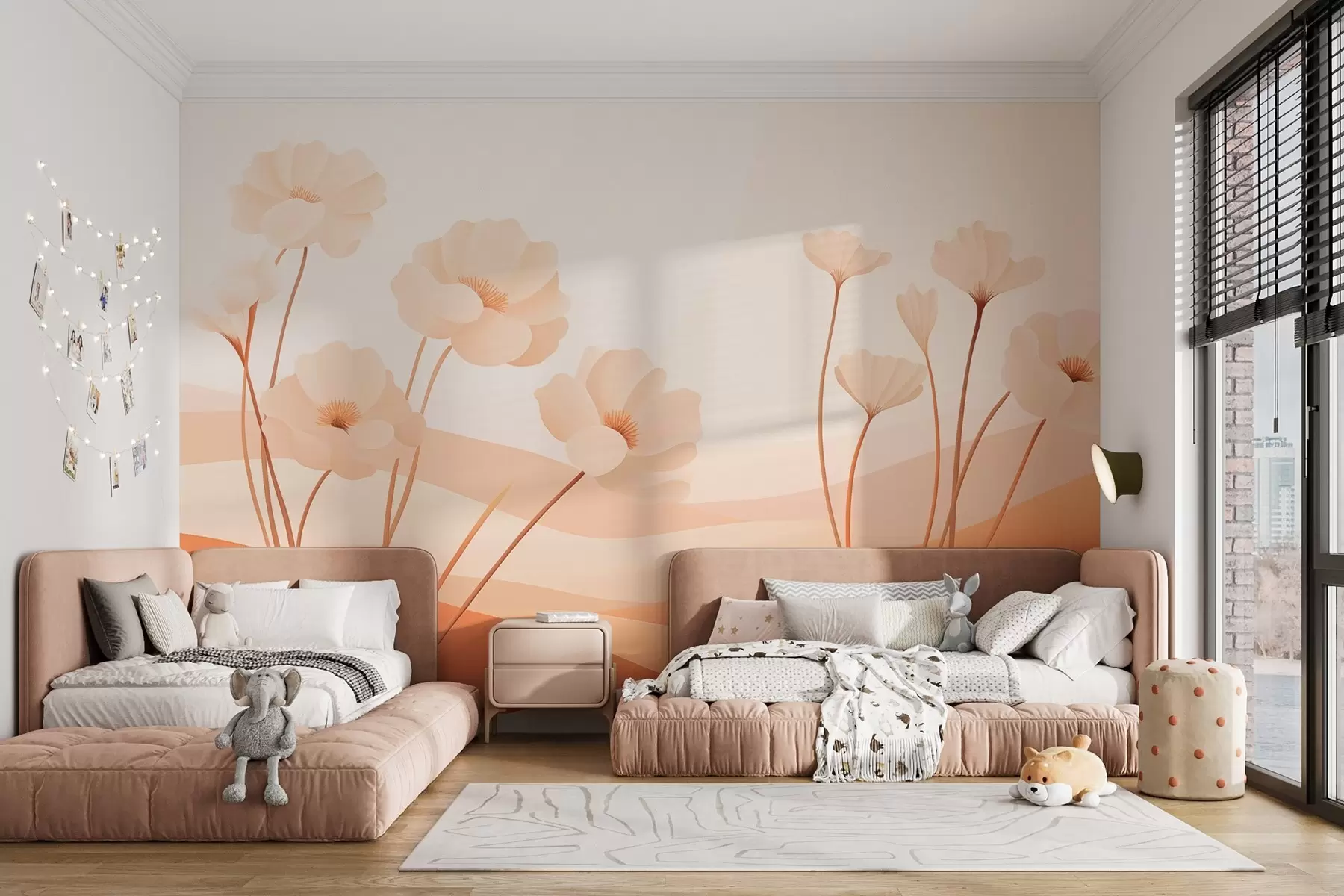 wall murals Wildflowers against misty mountains in orange-pink tones w09030