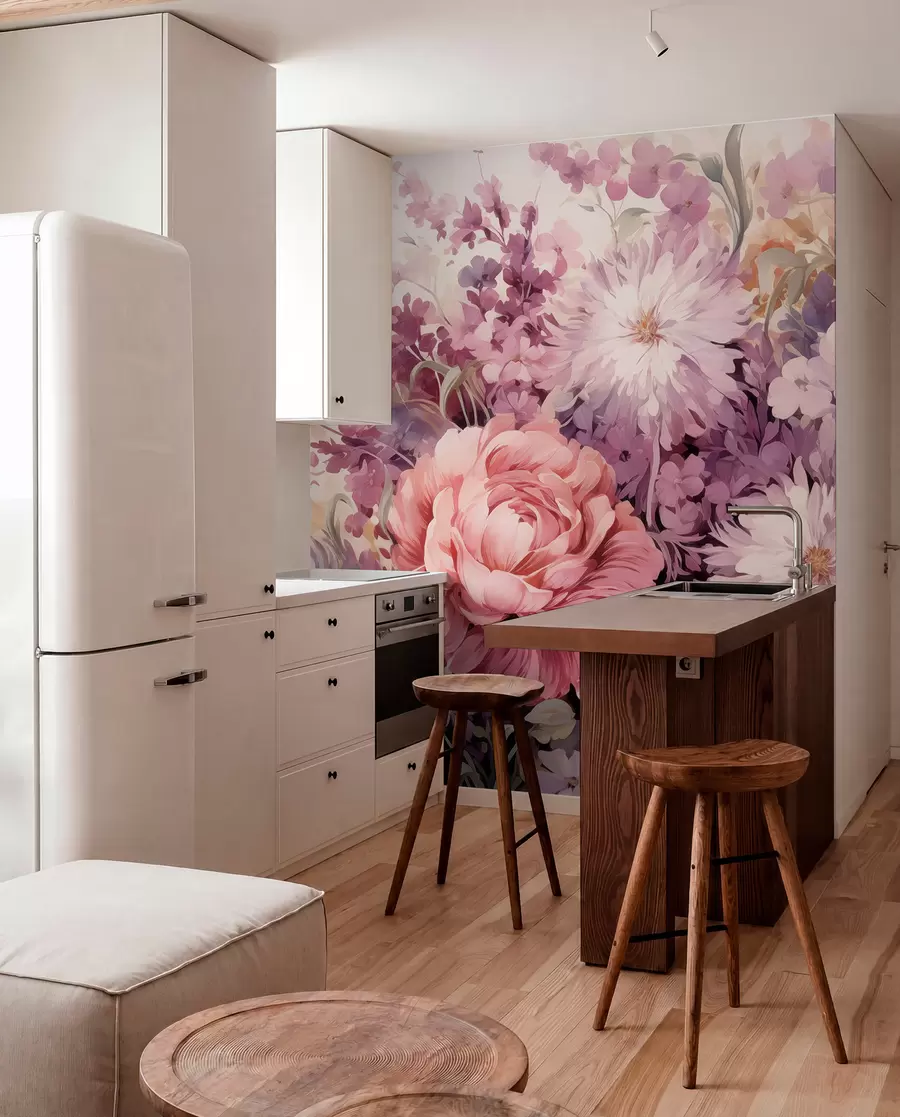 wall murals Colorful flowers in pink and purple tones: lilacs, peonies, chrysanthemums w09039