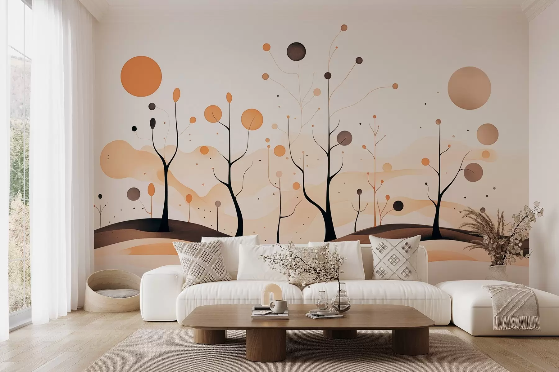 wall murals Abstract trees with spheres and sun in beige-gray tones w09043