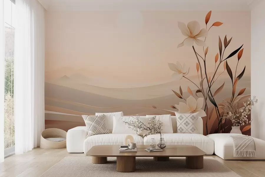 wall murals Growing flower against a background of desert and mountains w09044