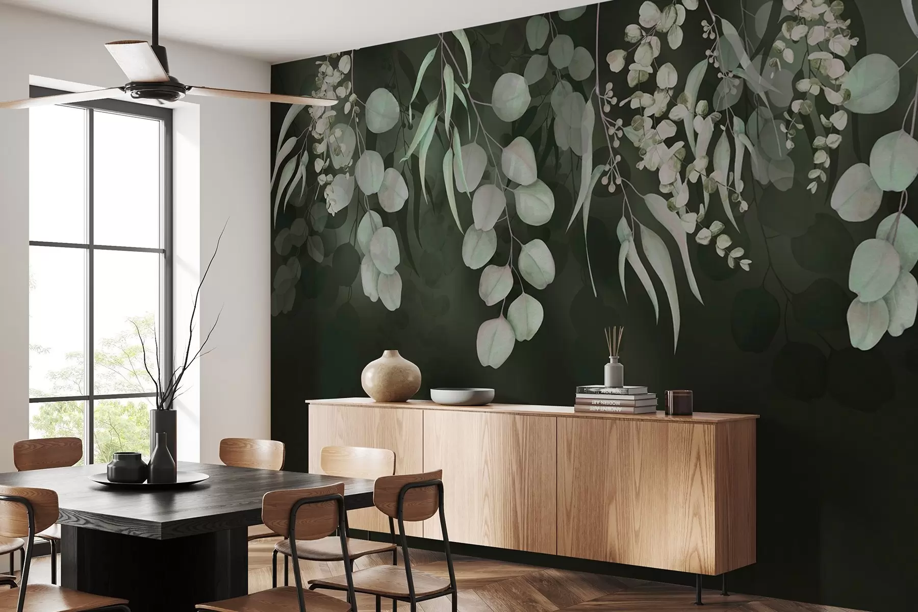 wall murals Tropical leaves on the dark green background, floral w03752