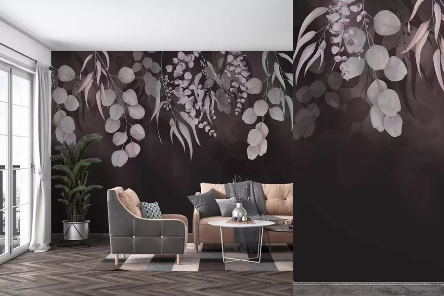 wall murals Tropical leaves on the dark burgundy background, floral w03752v1