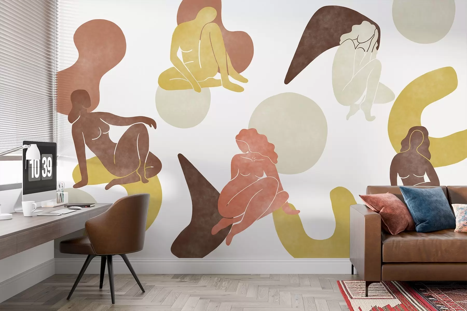 wall murals Geometric abstractions with women silhouettes, boho style, brown, beige, yellow w03753v2