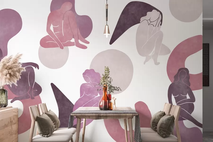 wall murals Geometric abstractions with women silhouettes, boho style, pink, beige, purple w03753v3