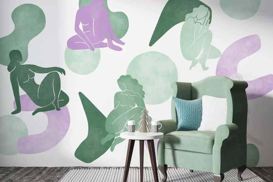 wall murals Geometric abstractions with women silhouettes, boho style, purple, green w03753v4