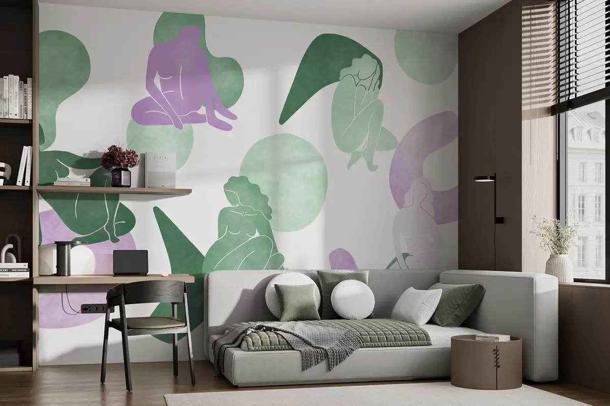 wall murals Geometric abstractions with women silhouettes, boho style, purple, green w03753v4