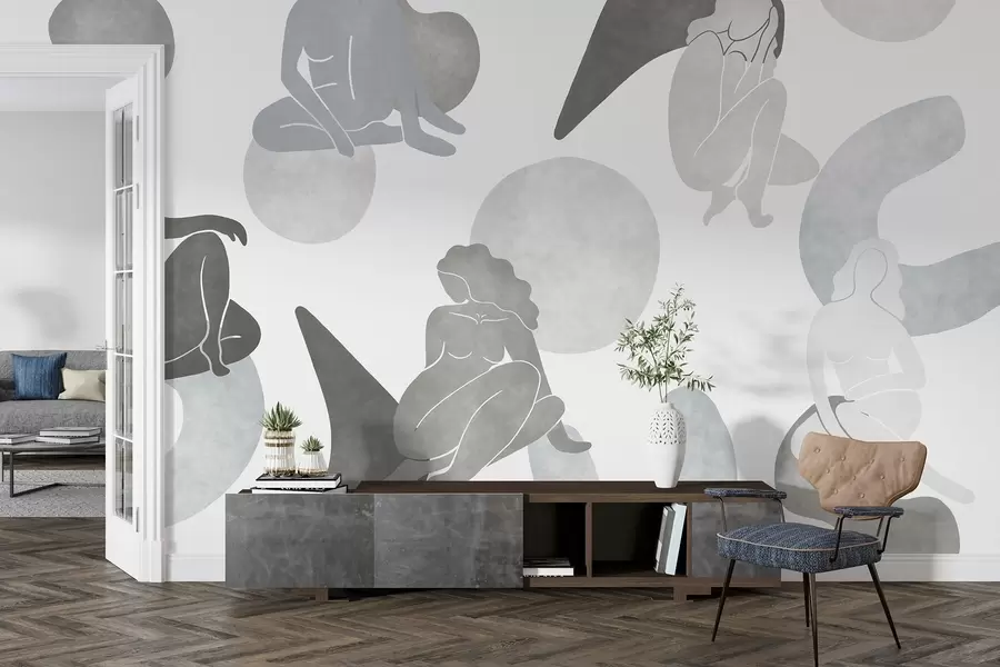 wall murals Geometric abstractions with women silhouettes, boho style, grey colors w03753v5
