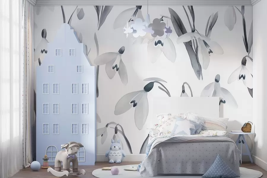 wall murals Snowdrops flowers in watercolor style, grey colors w03754v1