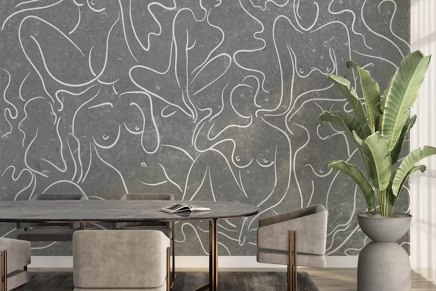 wall murals Line drawing anatomical silhouettes, abstraction, grey background w03756v1