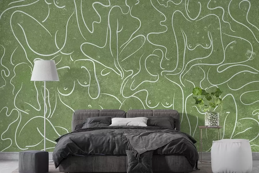 wall murals Line drawing anatomical silhouettes, abstraction, green background w03756v2