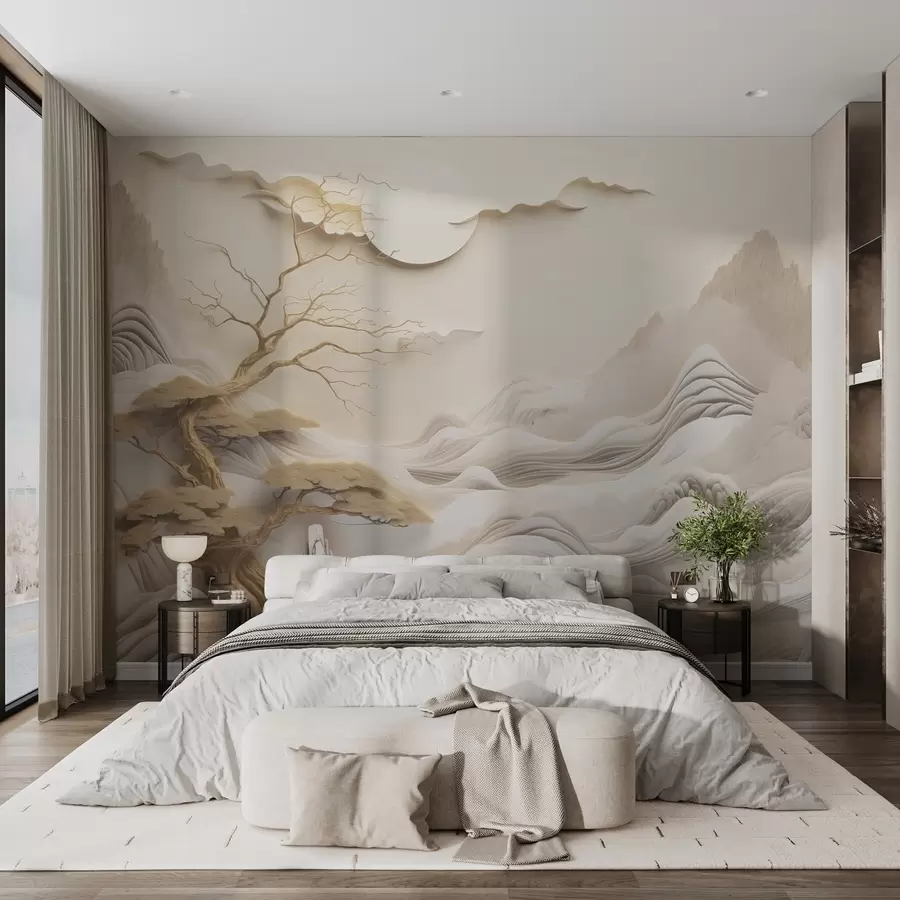 wall murals Oriental landscape with trees and mountains w03803