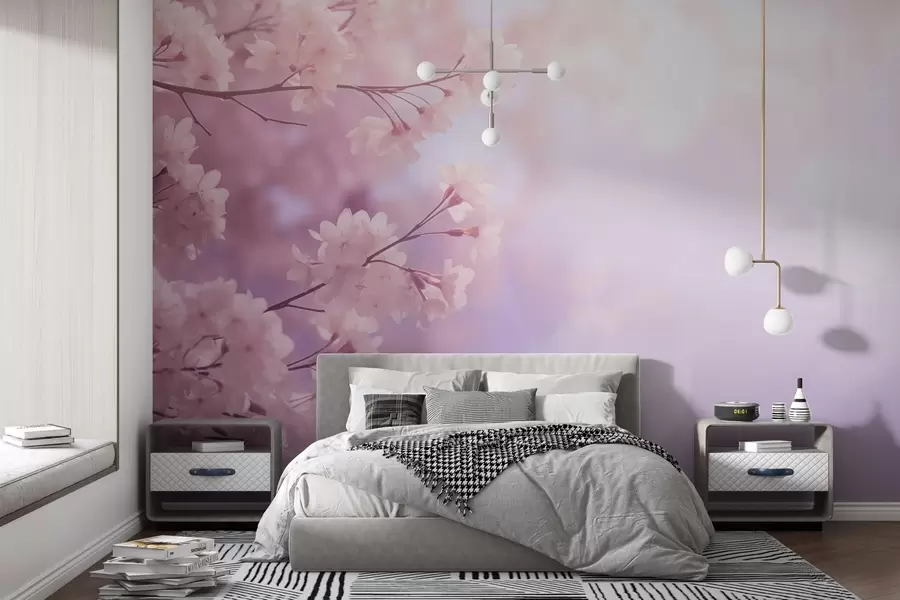 wall murals Sakura branches with pink flowers on pastel background w03804