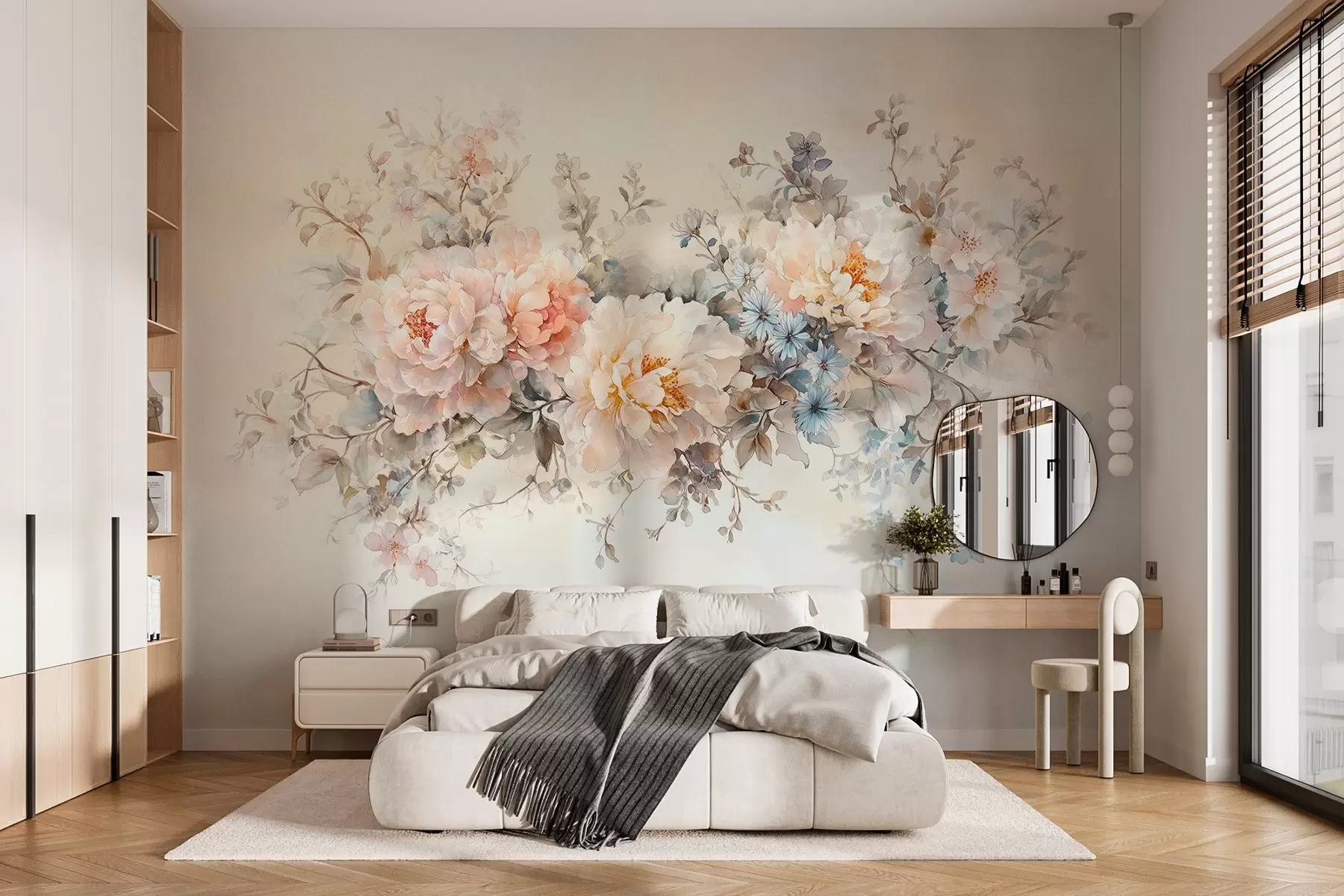 wall murals delicate watercolor-style flowers in pastel shades of pink, beige and blue w03724