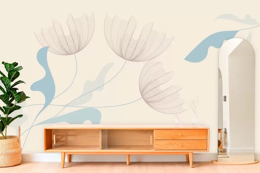 wall murals elegant minimalist flowers in light blue tones on a beige background w03763v1