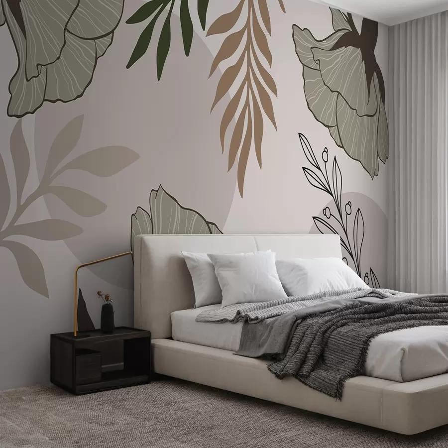 wall murals Flowers and leaves in abstract composition w03856