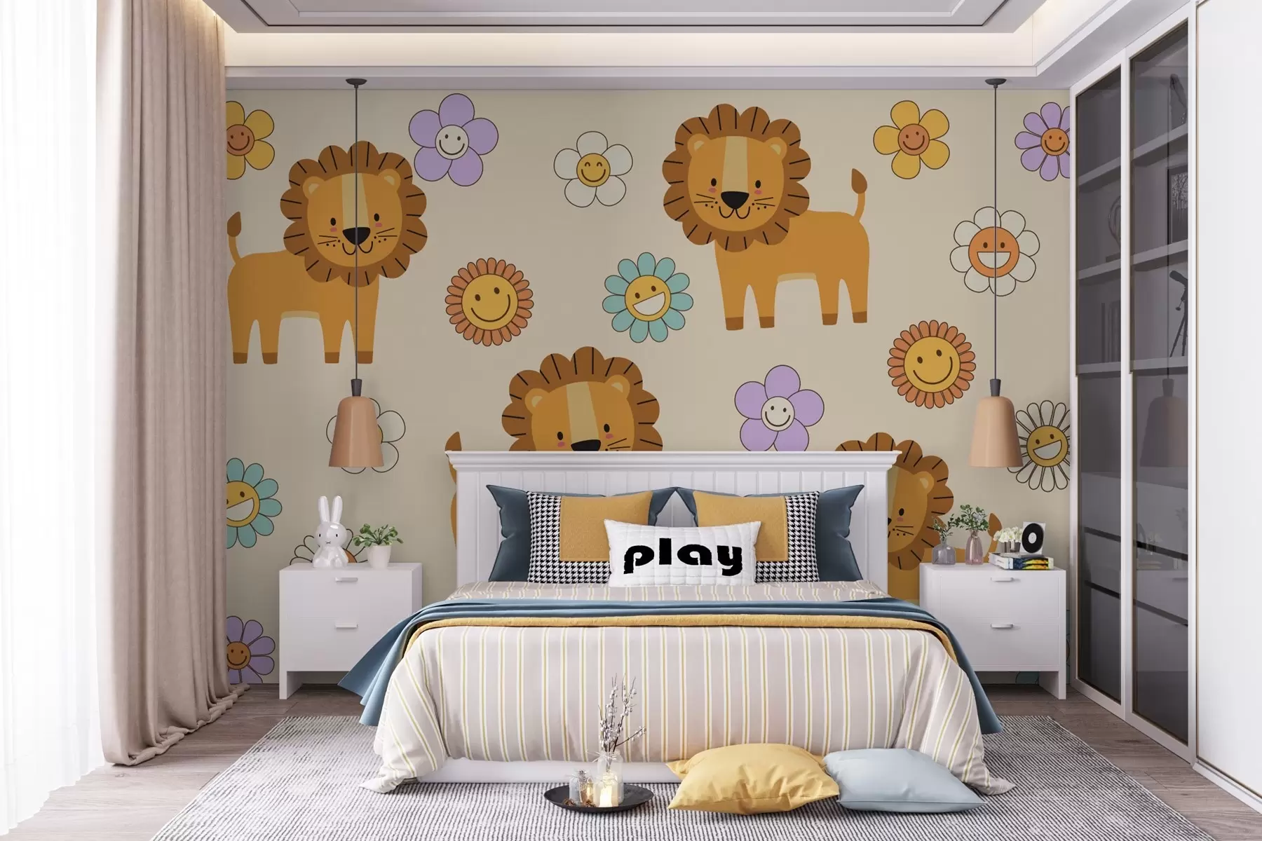 wall murals Cute lion cubs and flowers w03863