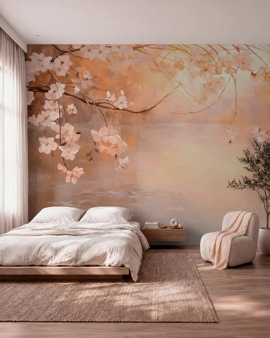 wall murals Abstract landscape art with blossom branch and white flowers hanging over a lake, soft pastel colors w09046