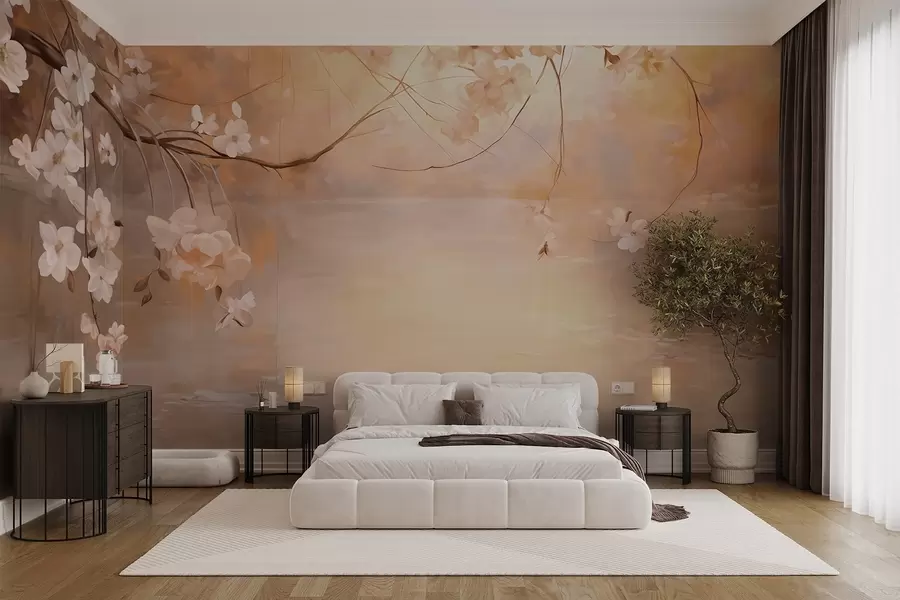 wall murals Abstract landscape art with blossom branch and white flowers hanging over a lake, soft pastel colors w09046