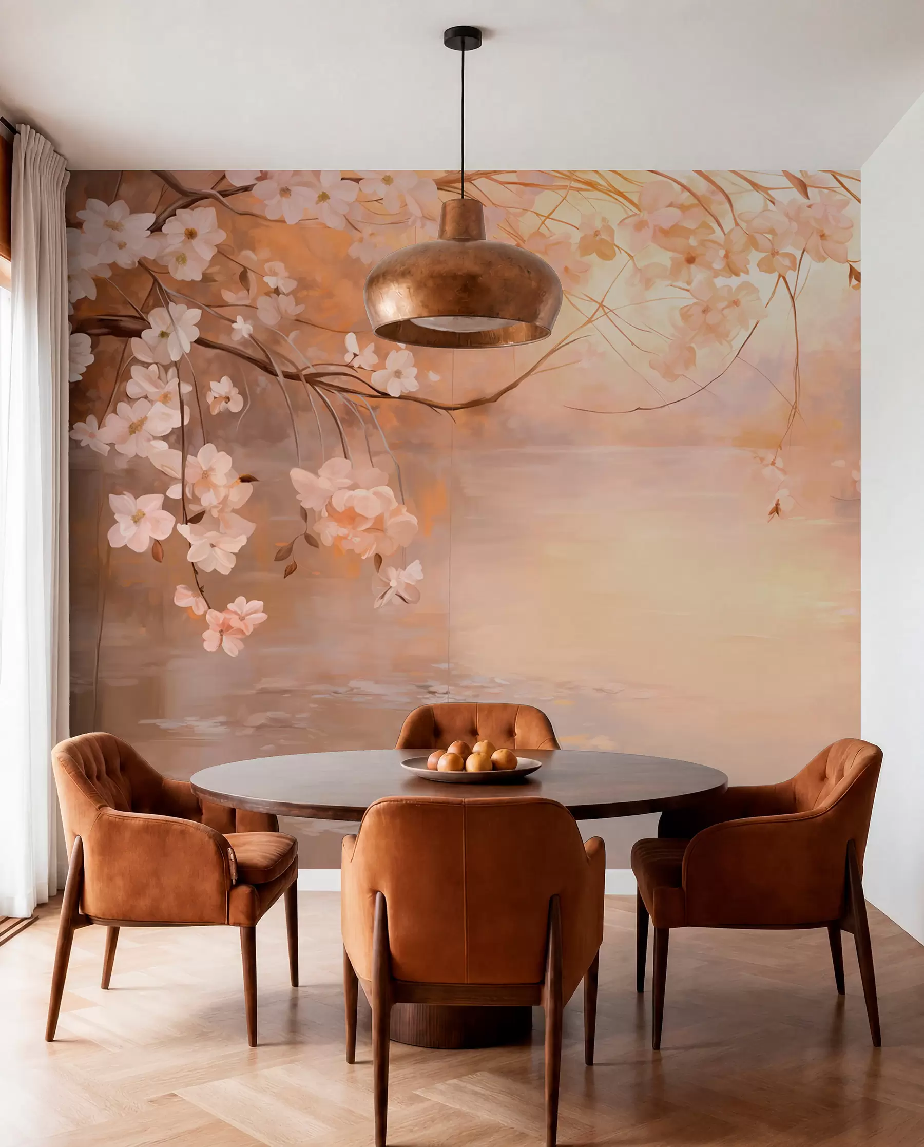 wall murals Abstract landscape art with blossom branch and white flowers hanging over a lake, soft pastel colors w09046