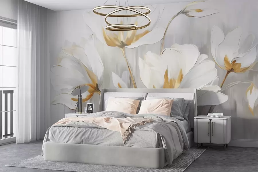 wall murals White abstract flowers with white petals and stems on a gray background with gray and white vertical brushstrokes w09047
