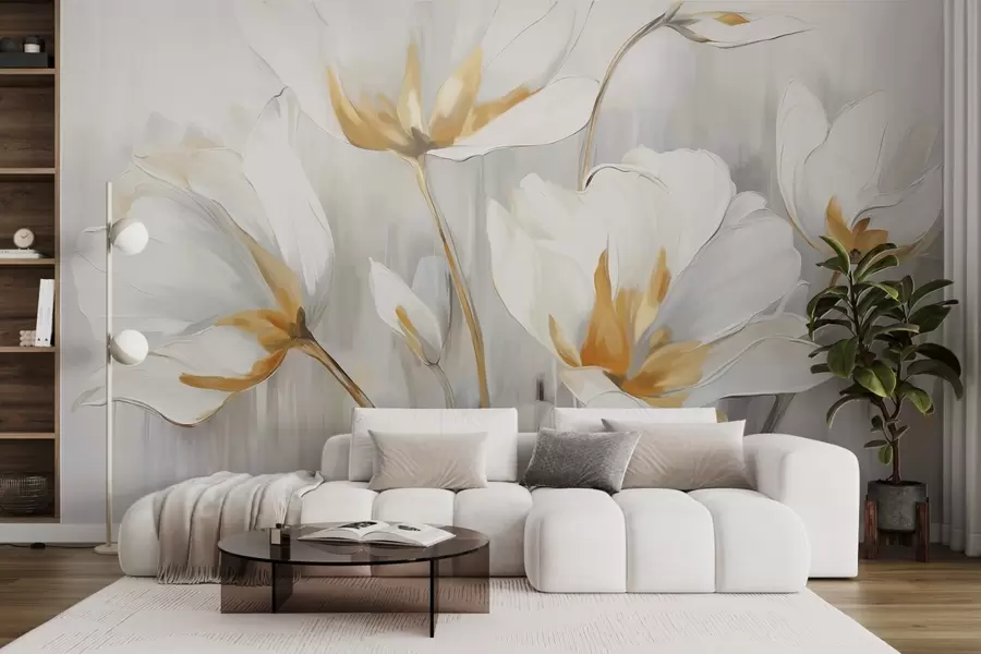 wall murals White abstract flowers with white petals and stems on a gray background with gray and white vertical brushstrokes w09047