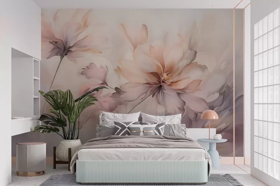 wall murals A delicate floral art with large pastel-colored flowers with translucent petals, soft stems, and a gentle diffused background w09050