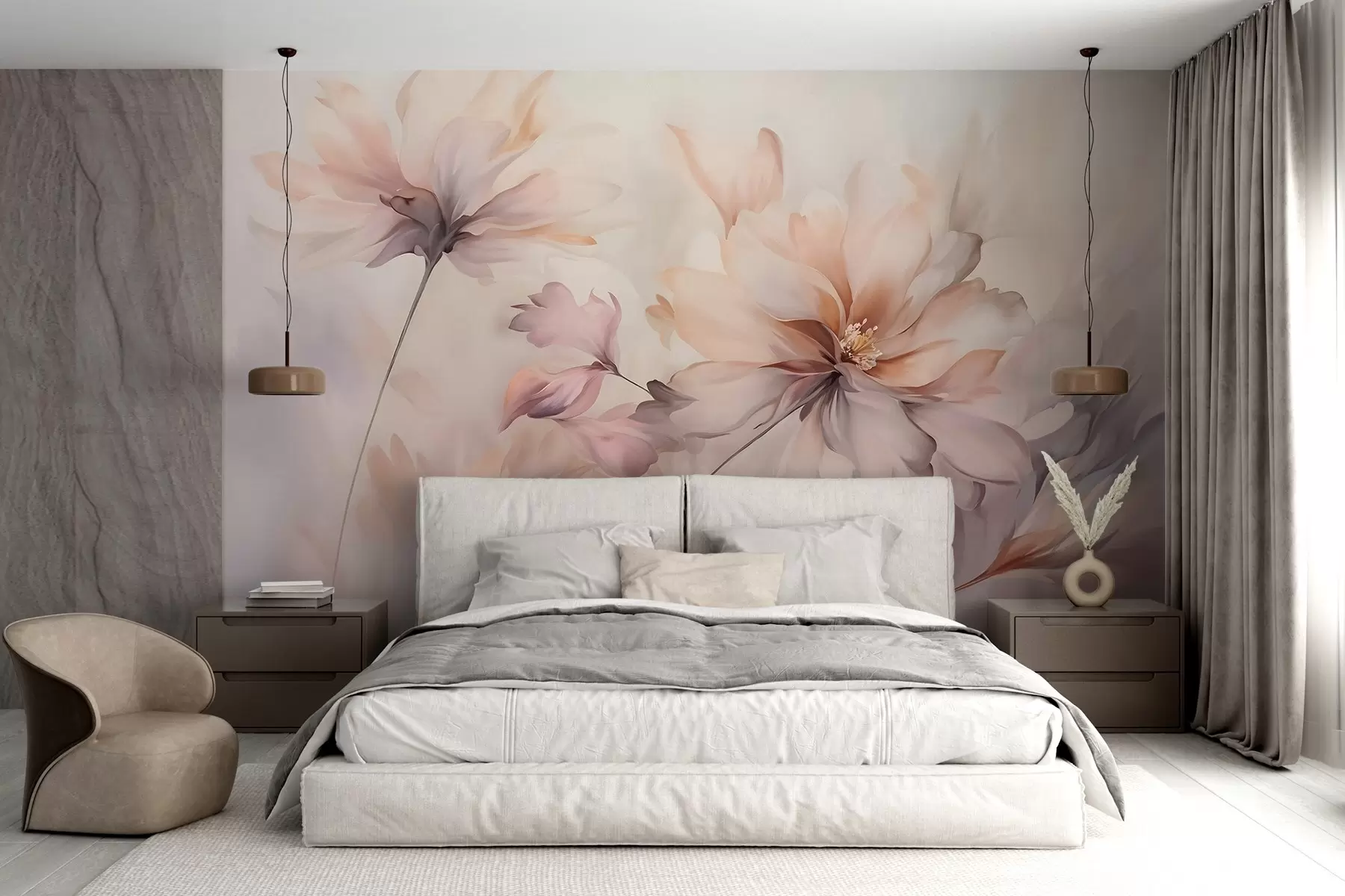 wall murals A delicate floral art with large pastel-colored flowers with translucent petals, soft stems, and a gentle diffused background w09050
