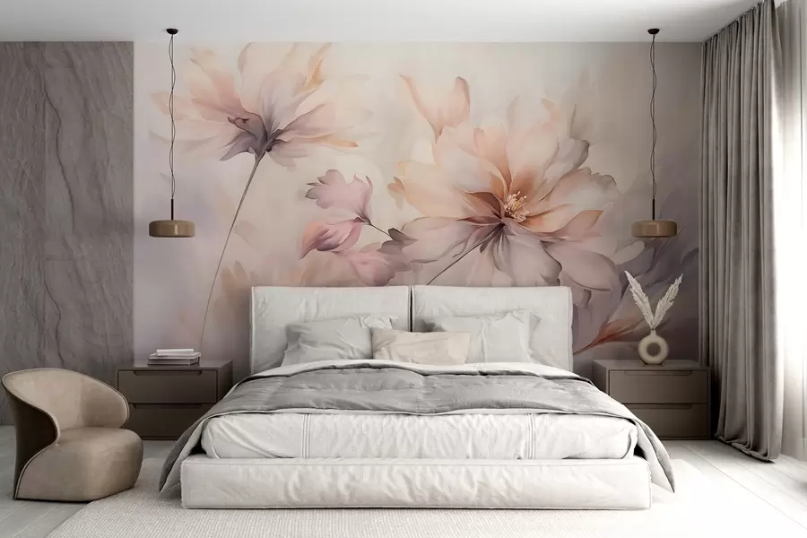 wall murals A delicate floral art with large pastel-colored flowers with translucent petals, soft stems, and a gentle diffused background w09050