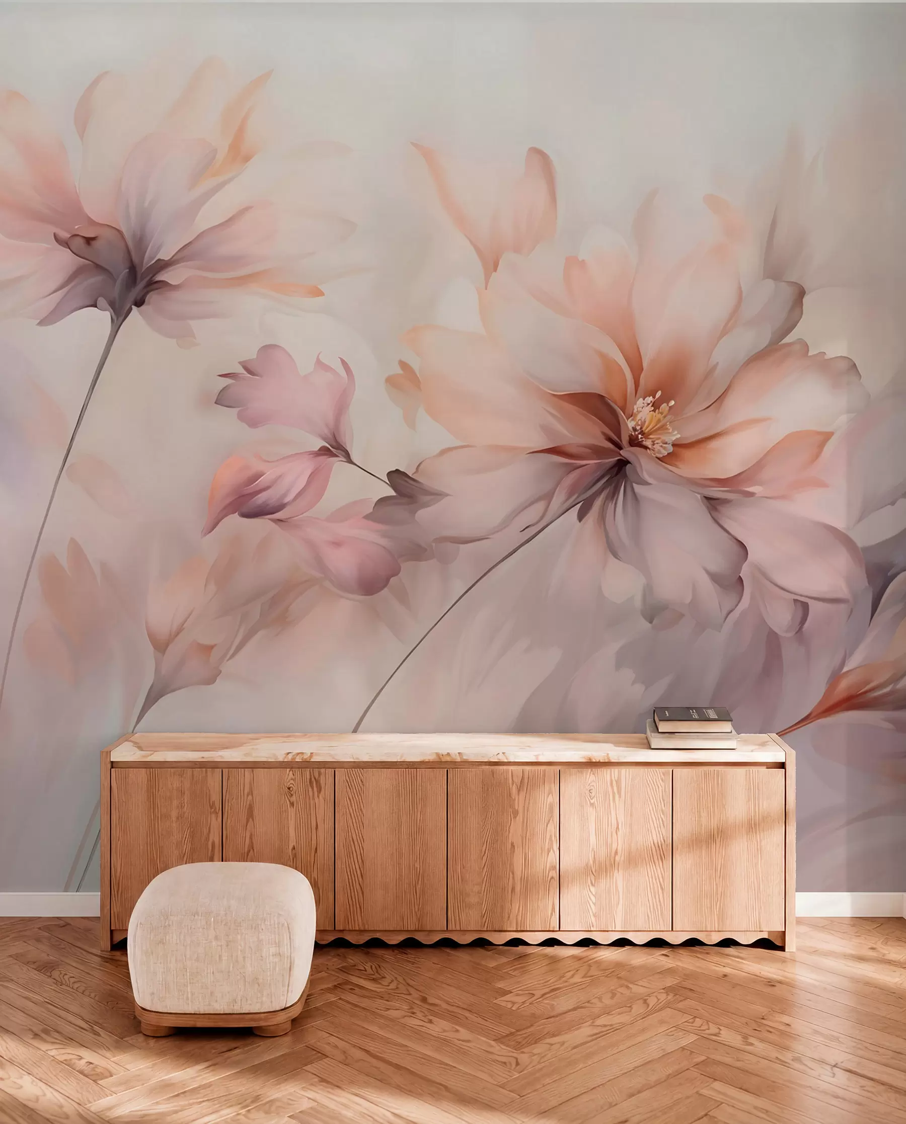 wall murals A delicate floral art with large pastel-colored flowers with translucent petals, soft stems, and a gentle diffused background w09050
