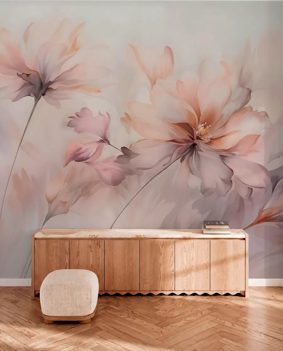 wall murals A delicate floral art with large pastel-colored flowers with translucent petals, soft stems, and a gentle diffused background w09050