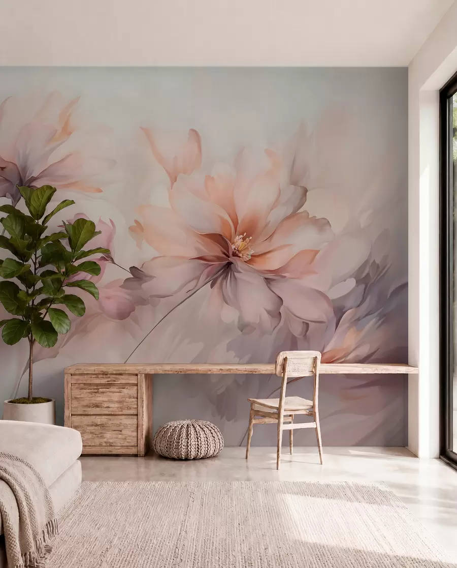 wall murals A delicate floral art with large pastel-colored flowers with translucent petals, soft stems, and a gentle diffused background w09050