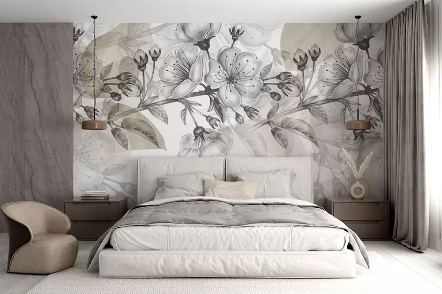 wall murals Cherry blossom branch with flowers and buds, sepia tones, soft watercolor-like background with gray and brown hues w09051v1