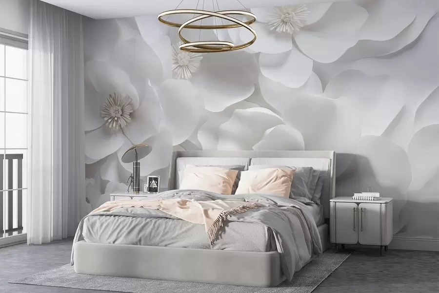 wall murals White flowers with delicate petals, arranged in a dense cluster, creating a sense of purity and elegance on white background w09053