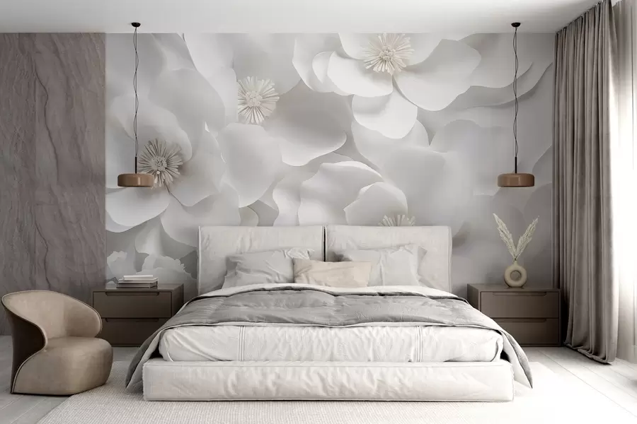 wall murals White flowers with delicate petals, arranged in a dense cluster, creating a sense of purity and elegance on white background w09053
