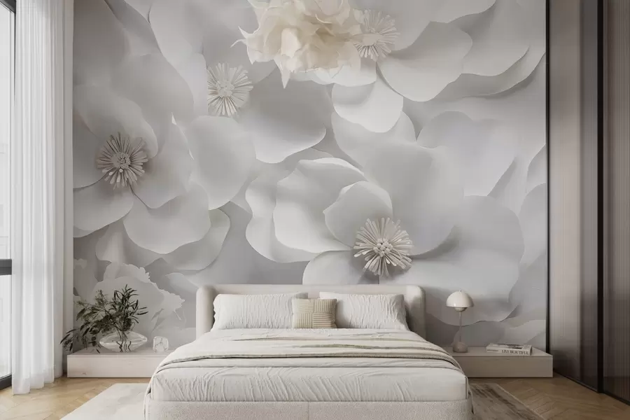 wall murals White flowers with delicate petals, arranged in a dense cluster, creating a sense of purity and elegance on white background w09053