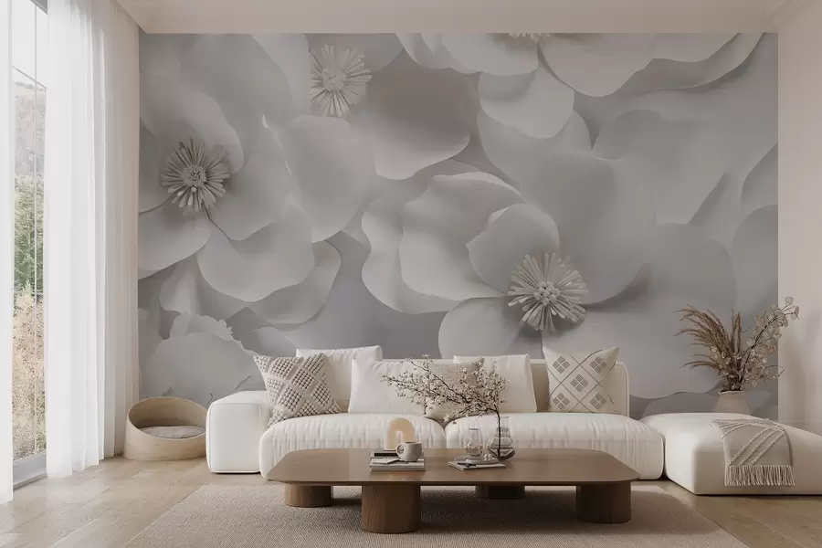 wall murals White flowers with delicate petals, arranged in a dense cluster, creating a sense of purity and elegance on white background w09053