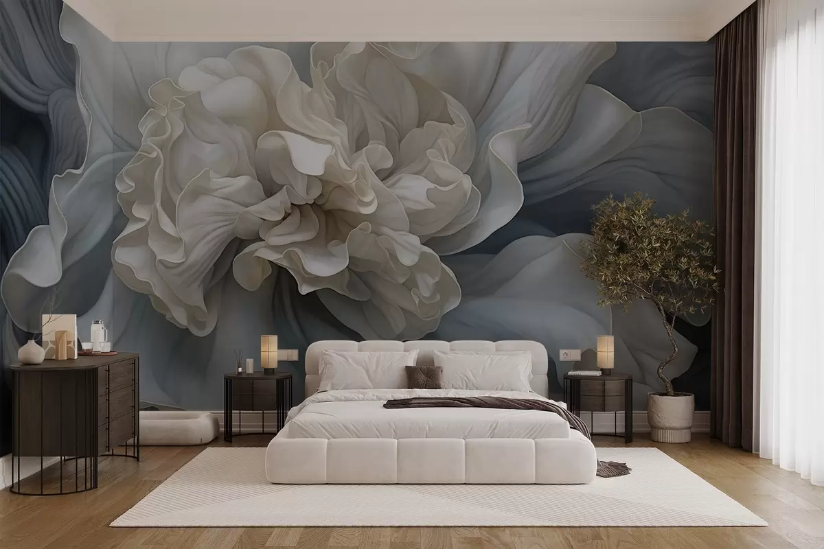 wall murals Abstract large decorative flower with many petals, soft and delicate, with blue and gray shades in the background w09055