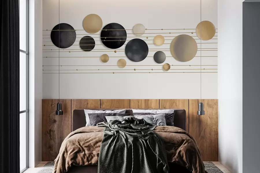 wall murals Abstract modern design with textured circles in white, yellow and gray tones, connected by thin lines, minimalist art w09060