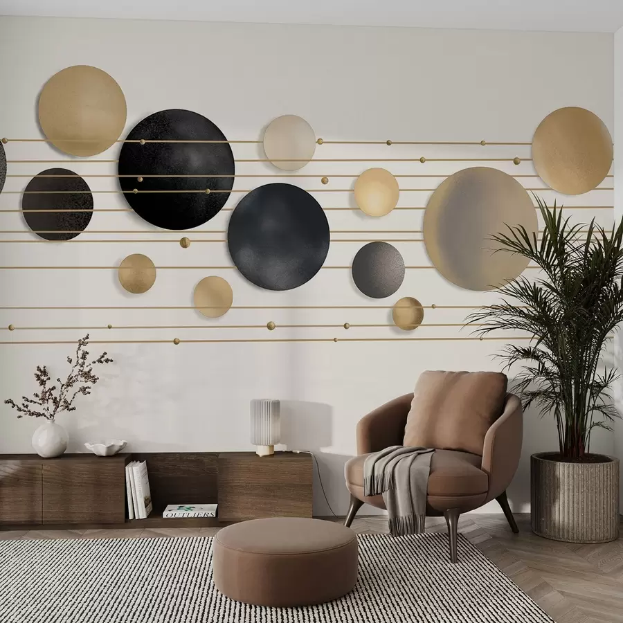 wall murals Abstract modern design with textured circles in white, yellow and gray tones, connected by thin lines, minimalist art w09060